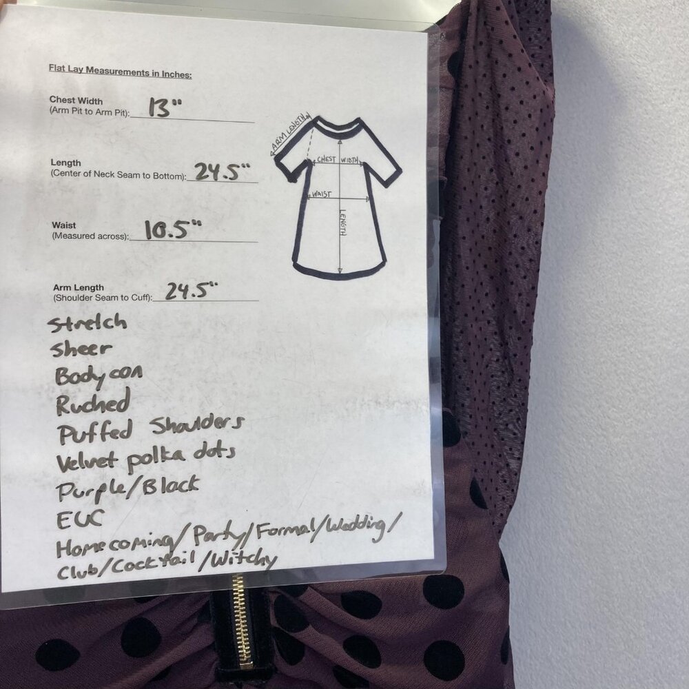 UNITEDWOOD Puff Sleeve Ruched Mesh Dress Womens 4 Purple Black Polka Dot Bodycon - Picture 4 of 14